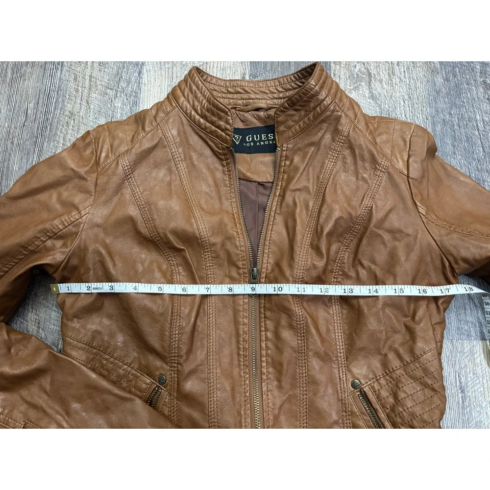 Guess Los Angeles Womens Faux Leather Moto Jacket Cognac Brown Quilted Zip S - Picture 5 of 6